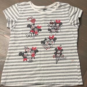Disney Gray and White Striped Tee with Mickey and Minnie Print